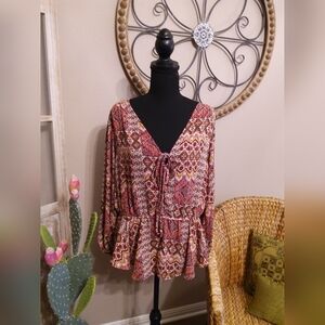 Floral & Ivy Boho Printed V-Neck Peplum Blouse - Pink Mix
